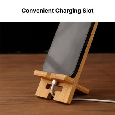 Charging stand for mobile devices with convenient charging slot, made of bamboo material. Perfect for organized and accessible charging at home or office. Compatible with phones and tablets.