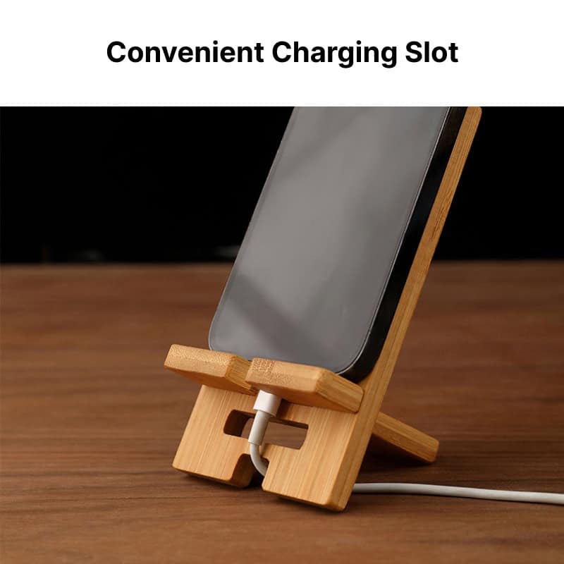 Charging stand for mobile devices with convenient charging slot, made of bamboo material. Perfect for organized and accessible charging at home or office. Compatible with phones and tablets.