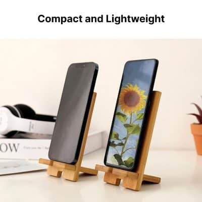 Black smartphone on wooden stand, showcasing sleek design and lightweight feature, ideal for modern eyewear shopping needs.