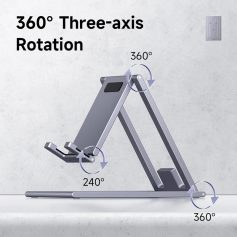 Adjustable multi-angle stand for tablets and smartphones, featuring 360-degree rotation and a 240-degree tilt for versatile viewing angles. Perfect for hands-free use and ergonomic comfort.