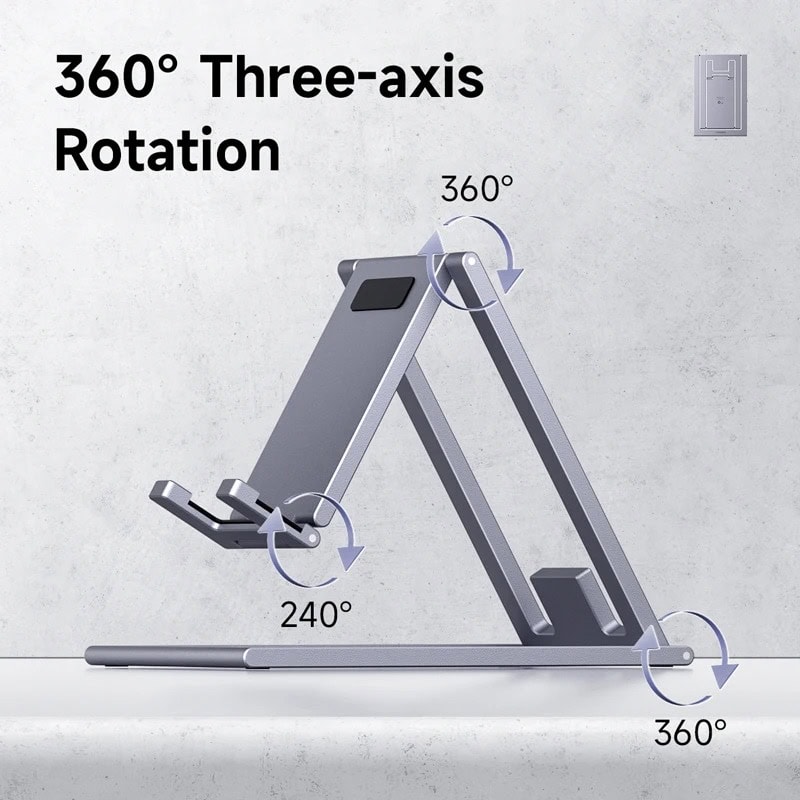 Adjustable multi-angle stand for tablets and smartphones, featuring 360-degree rotation and a 240-degree tilt for versatile viewing angles. Perfect for hands-free use and ergonomic comfort.