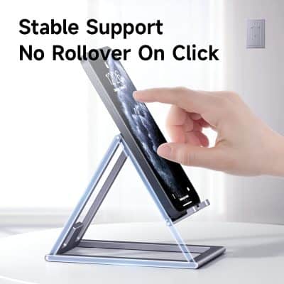 Wireless charging stand for smartphones with stable support and no rollover design, ideal for convenient and secure device charging.