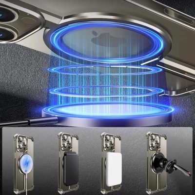Magnetic wireless charger and accessories for smartphones with neo magnetic lock technology, compatible with MagSafe, including power bank, card holder, and car charger options.
