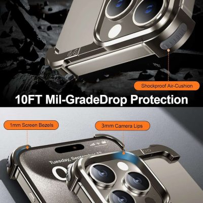 High-quality smartphone with triple camera system, shockproof air-cushion, and sleek metallic design, perfect for photography and everyday use.