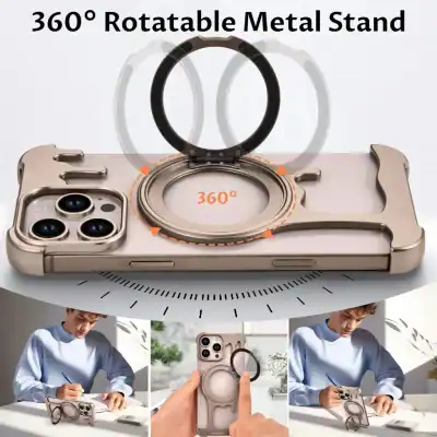 Silicone phone case with 360-degree rotatable metal stand, foldable phone holder, magnetic phone grip for iPhone and Android devices.