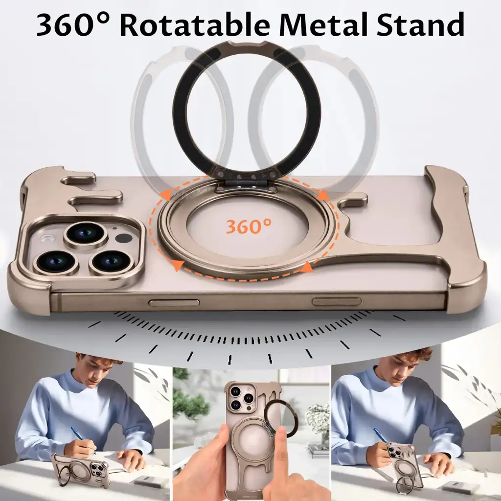 Silicone phone case with 360-degree rotatable metal stand, foldable phone holder, magnetic phone grip for iPhone and Android devices.