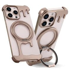 Shiny rose gold phone cases with magnetic ring grips compatible with iPhone 13 Pro and iPhone 14 Pro, featuring drip design for aesthetic style and secure grip.