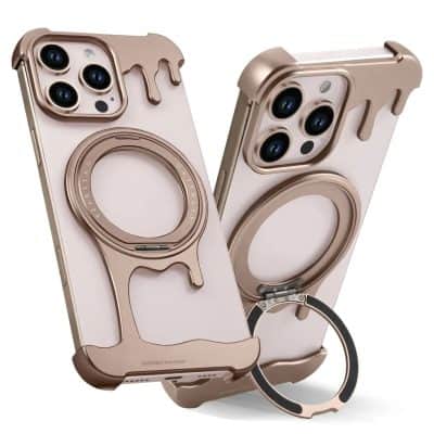 Shiny rose gold phone cases with magnetic ring grips compatible with iPhone 13 Pro and iPhone 14 Pro, featuring drip design for aesthetic style and secure grip.