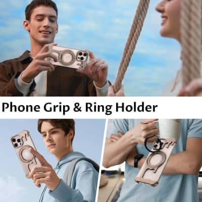 Phone grip with ring holder on trendy smartphone case for secure handling and stylish look.