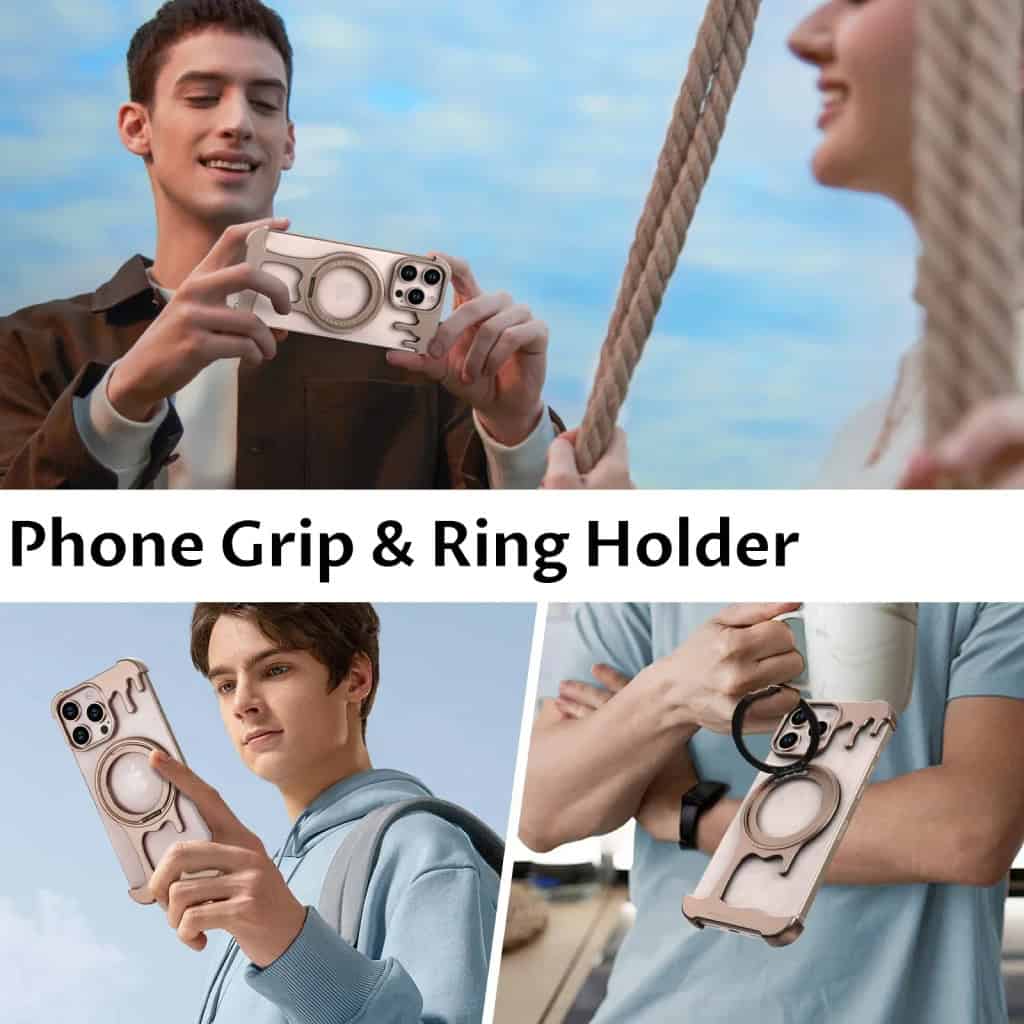 Phone grip with ring holder on trendy smartphone case for secure handling and stylish look.
