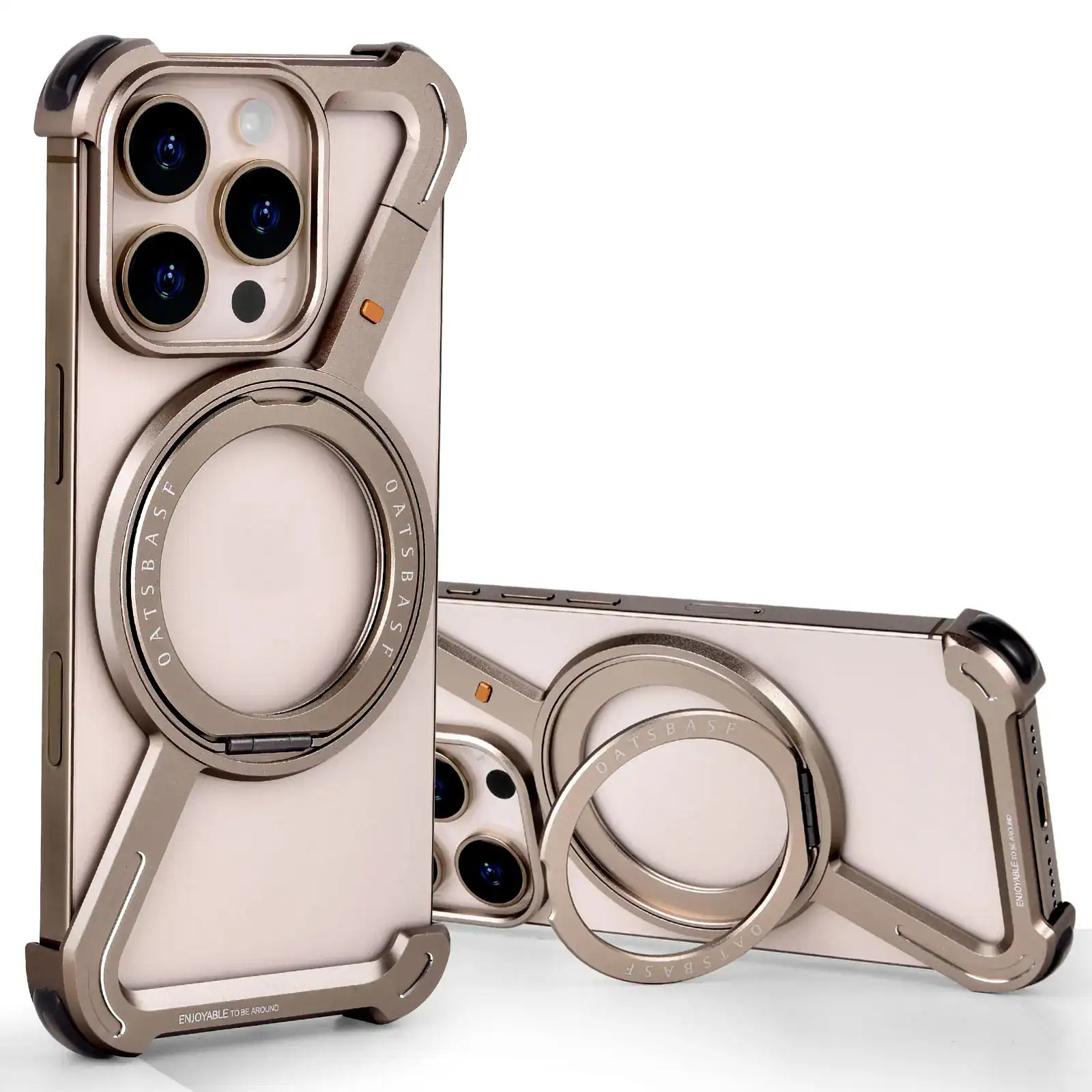 Luxury phone case with attachment ring designed for iPhone 13 Pro, featuring robust protection and stylish aesthetics for eyewear and accessories.