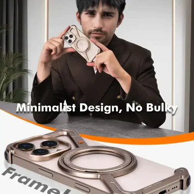 Sleek minimalistic smartphone with a camera ring design, no bulky frame, matte finish, ideal for modern tech enthusiasts, showcased in a professional setting.