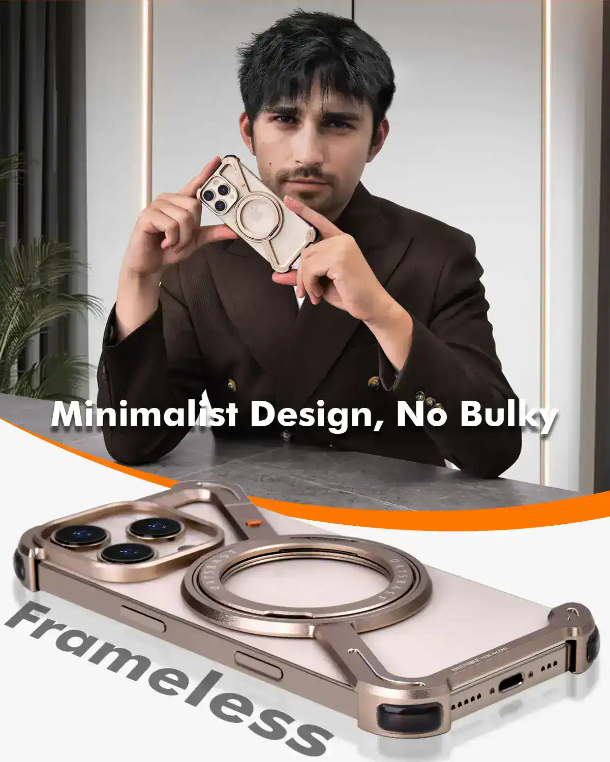 Sleek minimalistic smartphone with a camera ring design, no bulky frame, matte finish, ideal for modern tech enthusiasts, showcased in a professional setting.