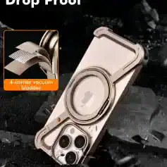 Metal smartphone with a gold finish, triple camera setup, and a ring-style magnetic attachment on a rugged black ground.