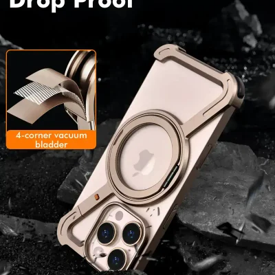 Metal smartphone with a gold finish, triple camera setup, and a ring-style magnetic attachment on a rugged black ground.