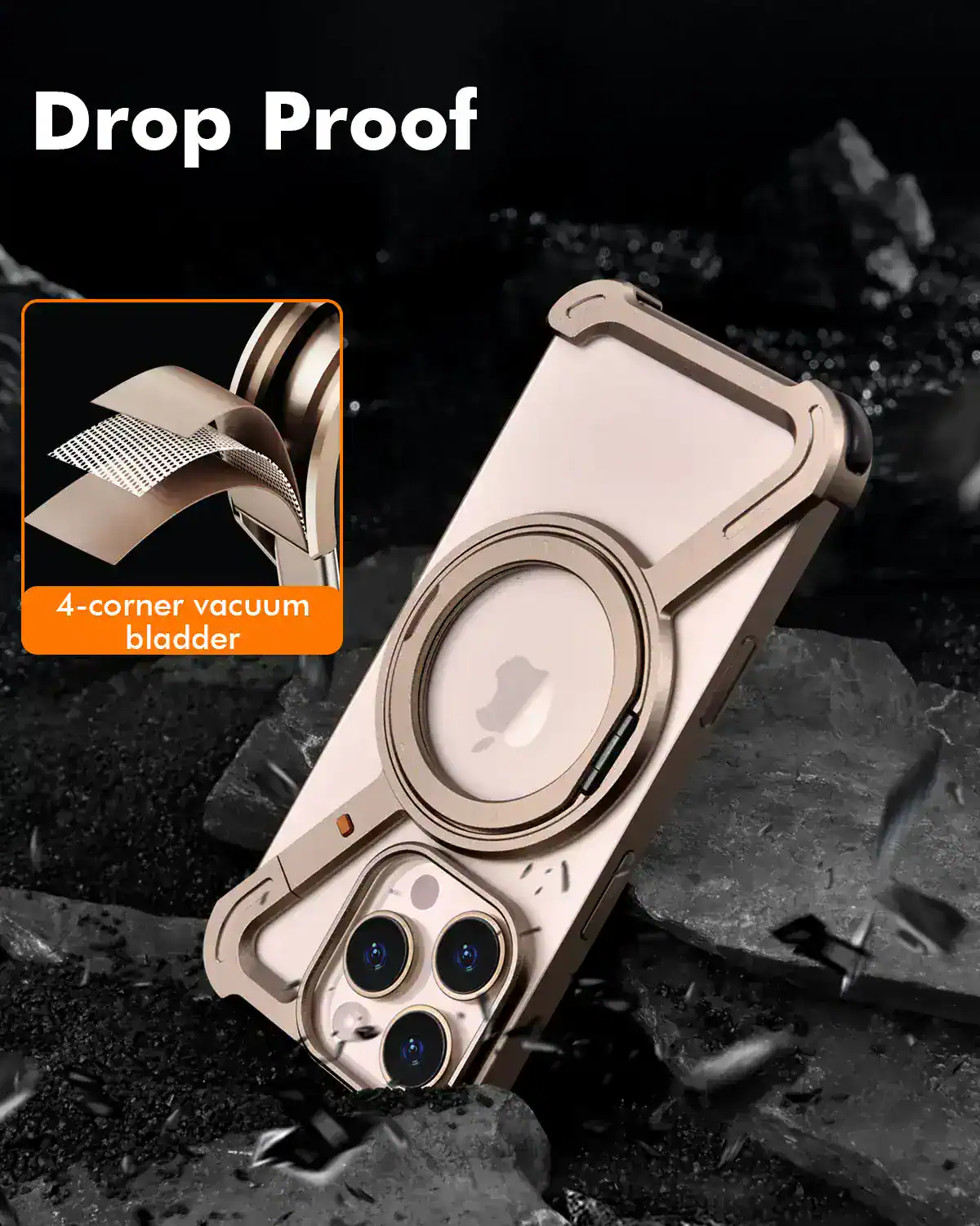 Metal smartphone with a gold finish, triple camera setup, and a ring-style magnetic attachment on a rugged black ground.