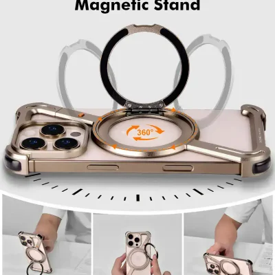 360-degree rotating magnetic phone stand for smartphones and tablets, allows hands-free use, with adjustable vertical and horizontal angles, providing versatile viewing options.