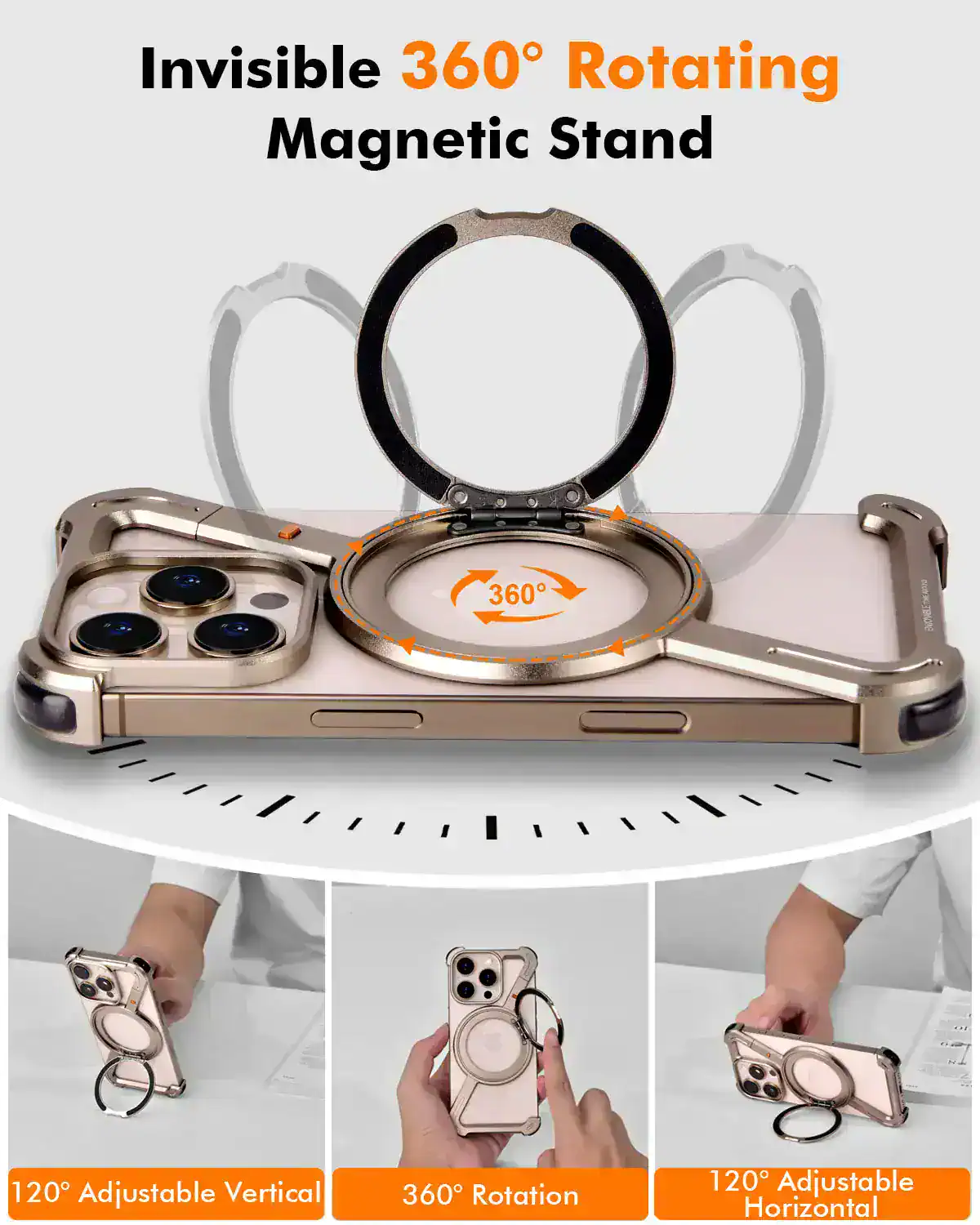360-degree rotating magnetic phone stand for smartphones and tablets, allows hands-free use, with adjustable vertical and horizontal angles, providing versatile viewing options.
