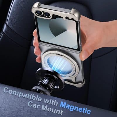 Magnetic car phone holder mounted on car dashboard with phone attached, compatible with magnetic car mount, hands-free GPS, and safe driving accessories.