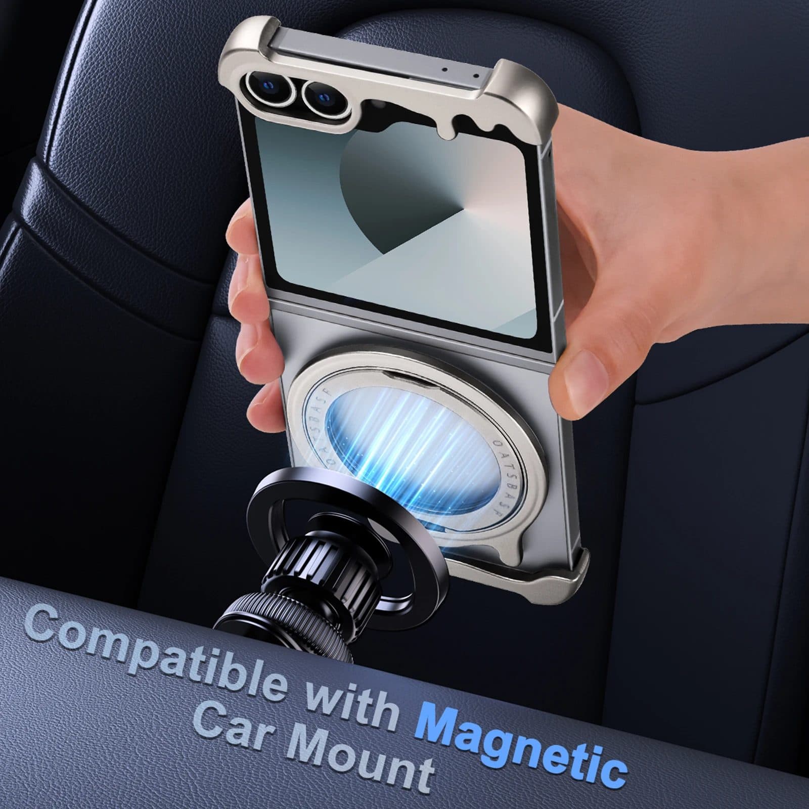 Magnetic car phone holder mounted on car dashboard with phone attached, compatible with magnetic car mount, hands-free GPS, and safe driving accessories.