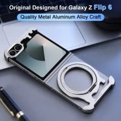 Aluminum metal alloy phone camera lens ring for Galaxy Z Flip 6, displayed on a sleek workspace with a laptop and pen.