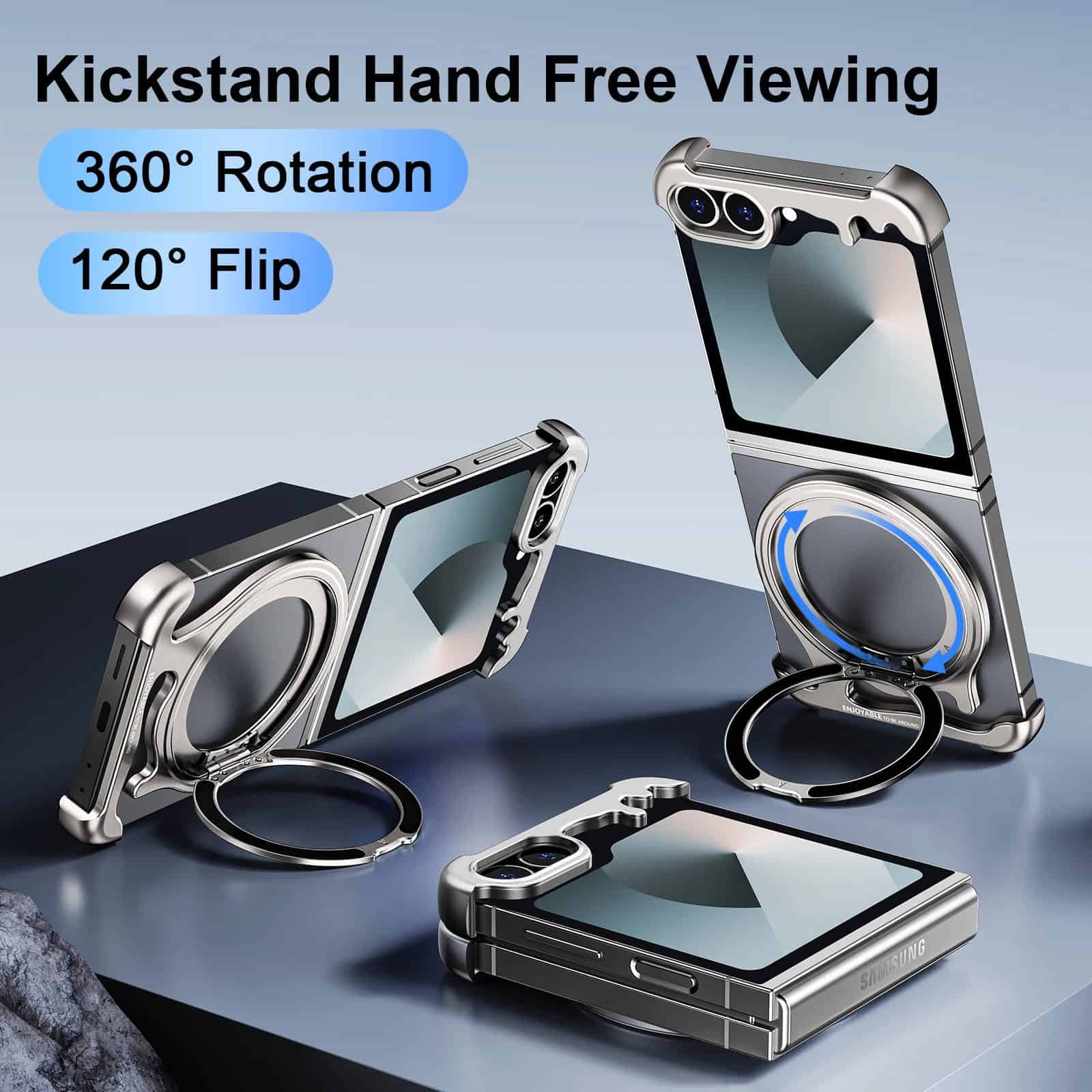 3. Sleek foldable smartphones with 360° rotation and 120° flip features, showcasing advanced mobile technology and modern design.