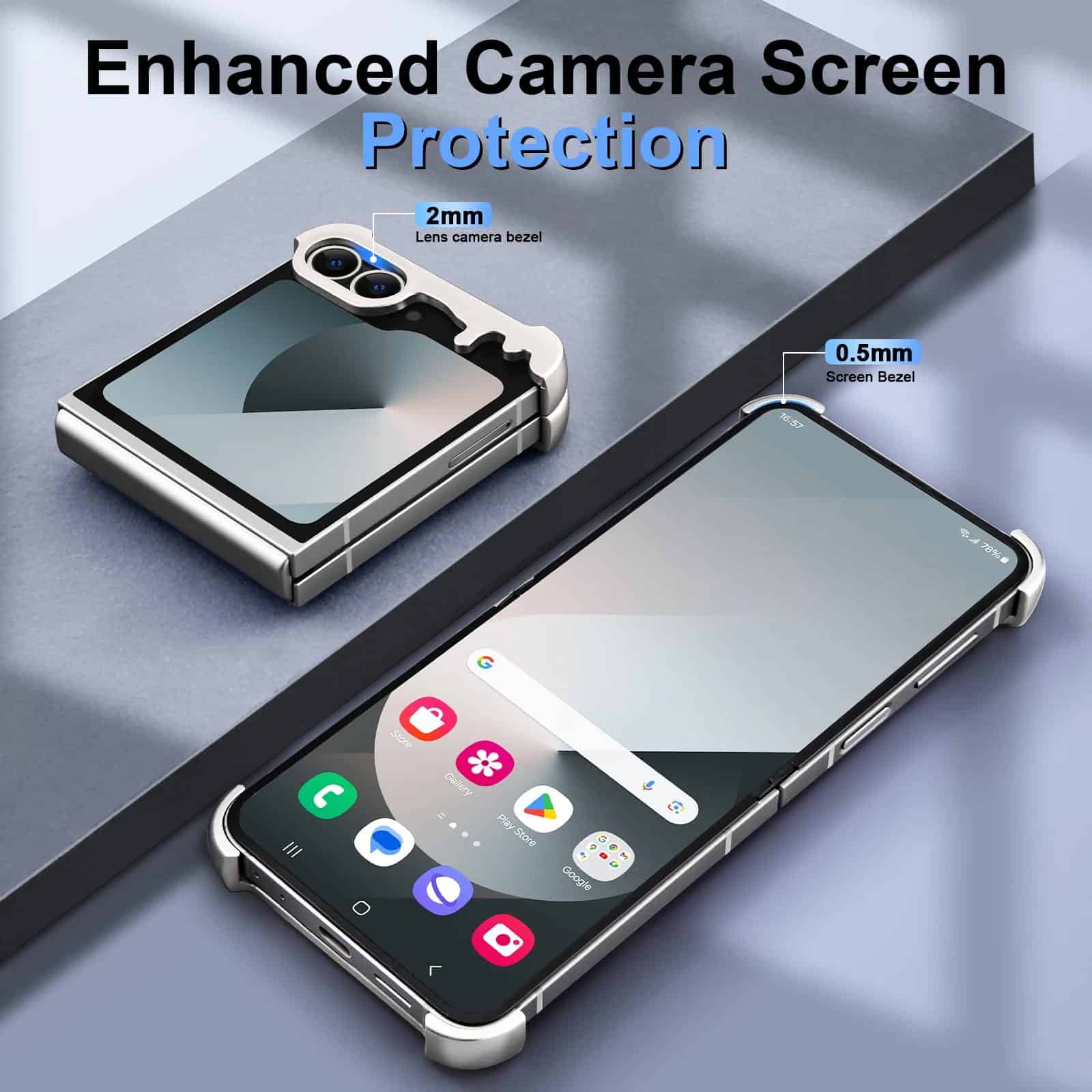 Enhanced camera screen protection with 2mm lens bezel and 0.5mm screen bezel for smartphones, offering superior safeguarding against scratches and damage, ideal for modern mobile devices.