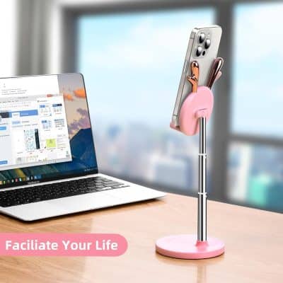 Wireless phone holder stand for desk, pink, with adjustable height and flexible design, ideal for smartphones and tablets, perfect for office or home use.