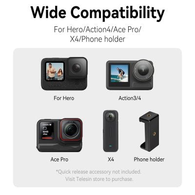 Compatible wide angle camera mount for GoPro Hero, Action 3/4, X4, and phone holder accessories for photography and videography.