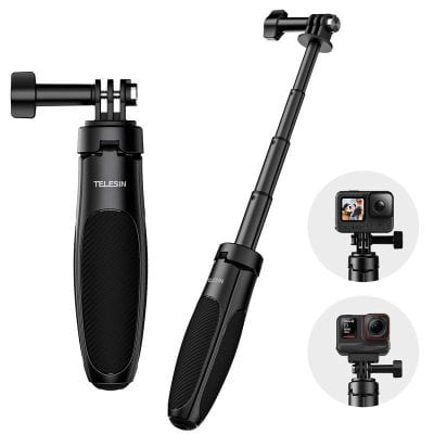 Telesin handheld stabilizer and mounting accessories for action cameras, ideal for vlogging, filmmaking, and outdoor recording.