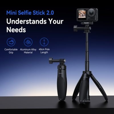 Mini selfie stick for travel, vlogging, and photos with adjustable 40cm pole, comfortable grip, and durable aluminum alloy material, perfect for smartphone and camera photography.