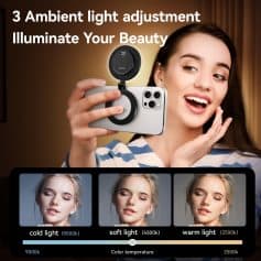 Adjustable ambient light for perfect skin tone and beauty enhancement in selfies, featuring warm, soft, and cold lighting options for optimal photo quality.