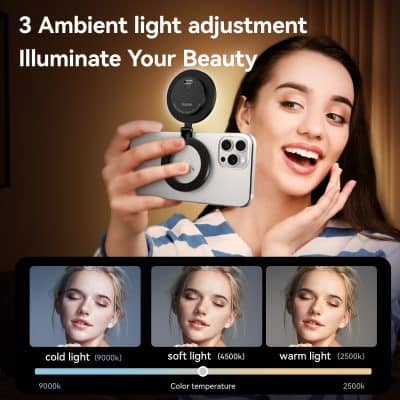 Adjustable ambient light for perfect skin tone and beauty enhancement in selfies, featuring warm, soft, and cold lighting options for optimal photo quality.