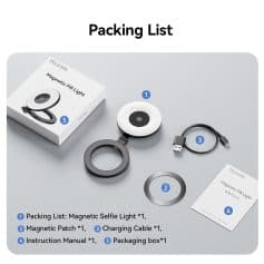 Magnetic selfie light device for enhanced clarity and professional visuals, including magnetic patch and charging cable, ideal for opticians and eyecare professionals.