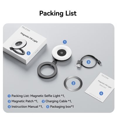 Magnetic selfie light device for enhanced clarity and professional visuals, including magnetic patch and charging cable, ideal for opticians and eyecare professionals.