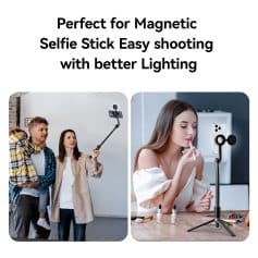 Selfie stick with phone clamp, ideal for selfie photography, easy to use, perfect for vlogging and social media content creation, with improved lighting features for better shots.