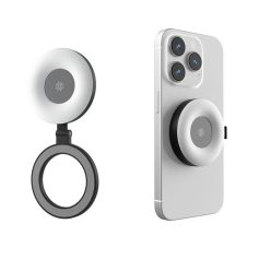 Wireless phone grip with ring holder and built-in ring light, compatible with smartphones for improved selfies and video calls.