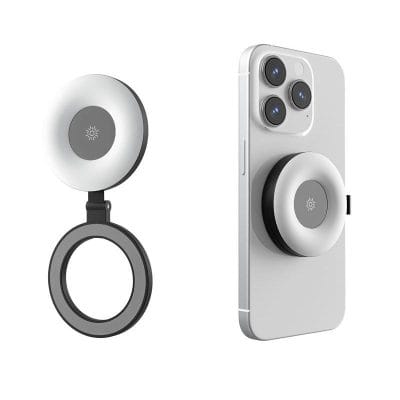 Wireless phone grip with ring holder and built-in ring light, compatible with smartphones for improved selfies and video calls.