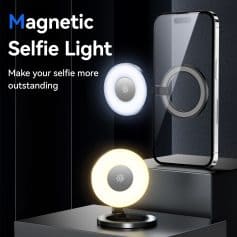 Magnetic selfie light with adjustable brightness for enhanced smartphone photography and videography.