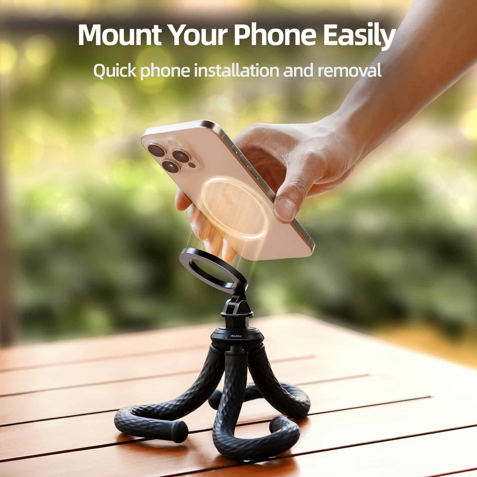 Mounting a smartphone on a compact tripod for quick phone installation and removal, ideal for photography and video recording. The setup features a sleek, modern phone holder on a flexible tripod base.