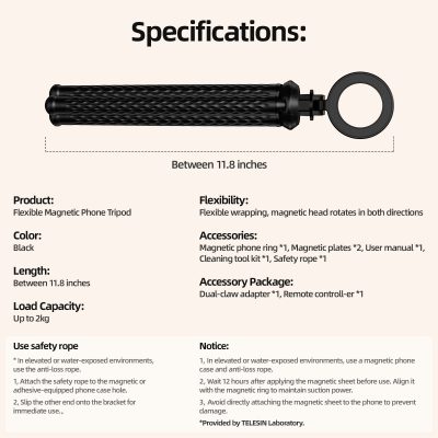 Magnetic phone holder with flexible design, black color, and compatible with various phone sizes. Features include magnetic rotation, dual-claw adapter, and up to 2kg load capacity for secure smartphone mounting.