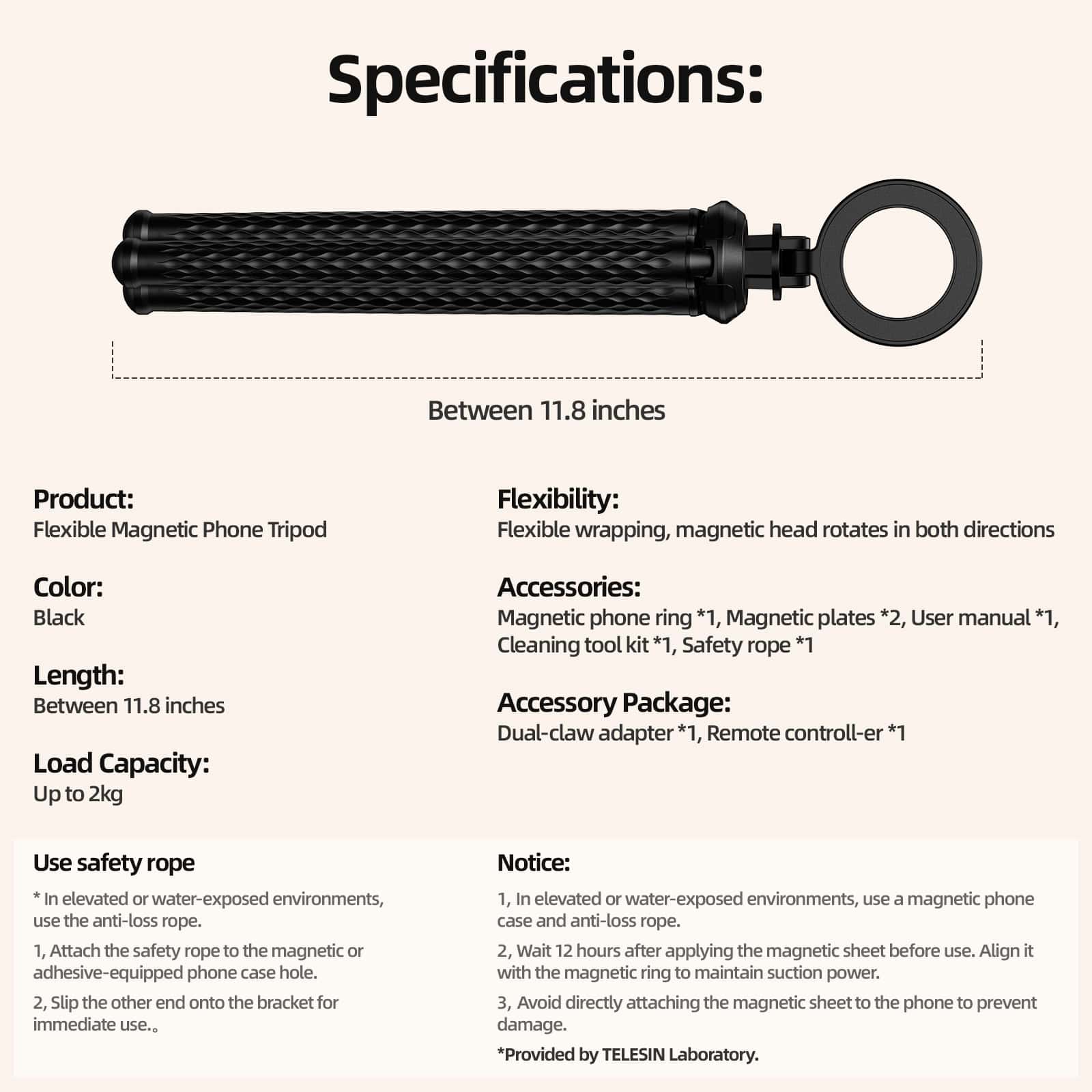 Magnetic phone holder with flexible design, black color, and compatible with various phone sizes. Features include magnetic rotation, dual-claw adapter, and up to 2kg load capacity for secure smartphone mounting.