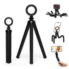 Flexible smartphone tripod with ring light mount for photography and vlogging, adjustable stand, and compact design for easy travel and content creation.