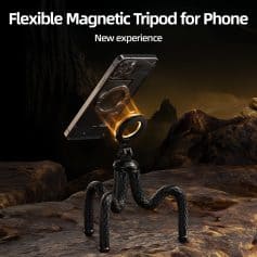 Flexible magnetic phone tripod with phone holder and ring light for professional selfies and vlogs, ideal for travel, content creation, and social media influencers.