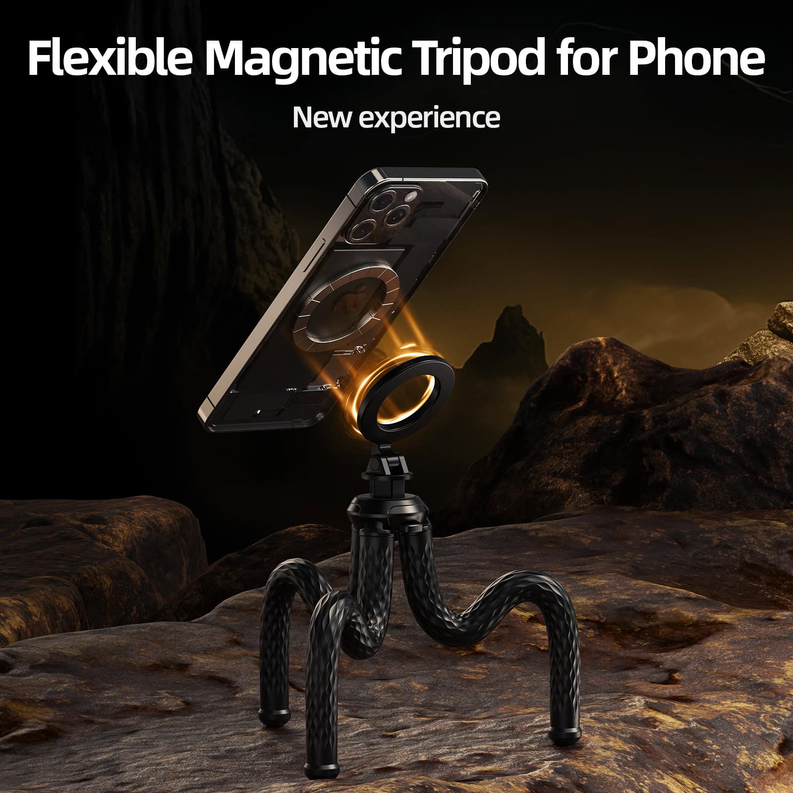 Flexible magnetic phone tripod with phone holder and ring light for professional selfies and vlogs, ideal for travel, content creation, and social media influencers.