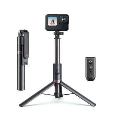 High-quality 4K action camera on tripod with remote control, perfect for professional video recording and outdoor adventures. Compact design with easy operation for stunning visuals.