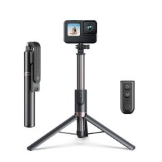Selfie stick with built-in camera and remote shutter for vlogging, photography, and video recording, ideal for travel and social media.