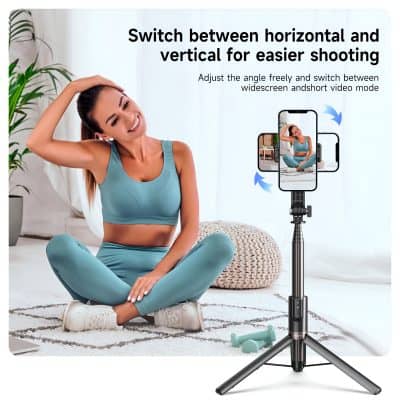 Wireless smartphone tripod with adjustable horizontal and vertical orientation for easy shooting and versatile recording angles. Perfect for content creators and fitness enthusiasts.