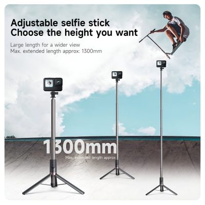 Adjustable selfie stick for photos and videos, extendable up to 1300mm, ideal for capturing wide shots and outdoor adventures. Perfect for travel, vlogging, and selfies with flexible height options.