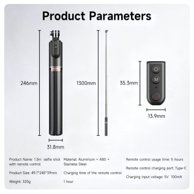 Wireless selfie stick with remote control, 1.3m length, suitable for selfies and vlogging. Made of aluminum, ABS, and stainless steel, with a compact design ideal for travel and social media content.